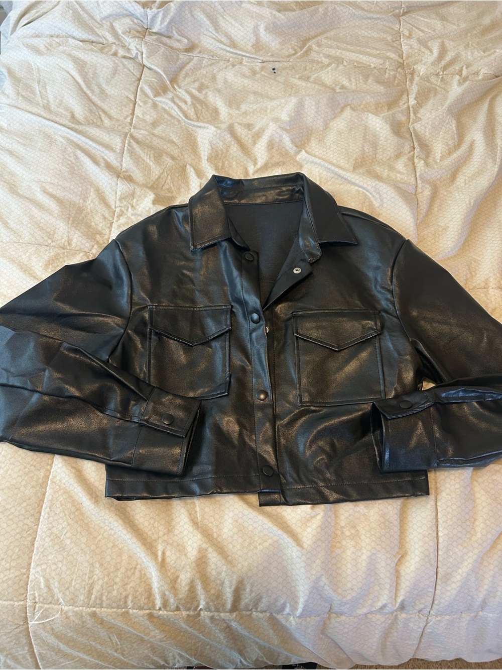Women’s Black Faux Leather Cropped Jacket